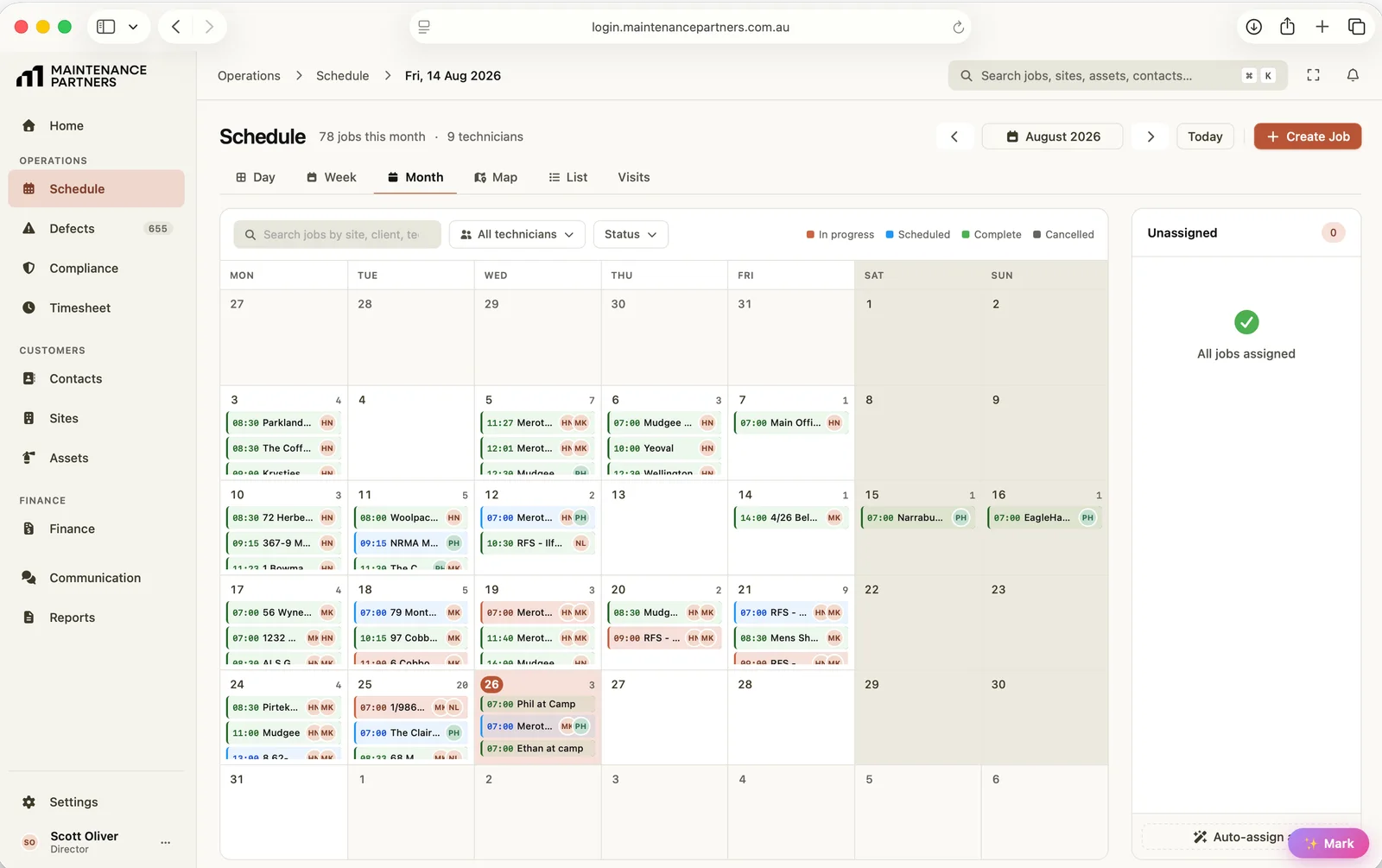 Month view of the Maintenance Partners schedule with 78 colour-coded fire inspection jobs across nine technicians