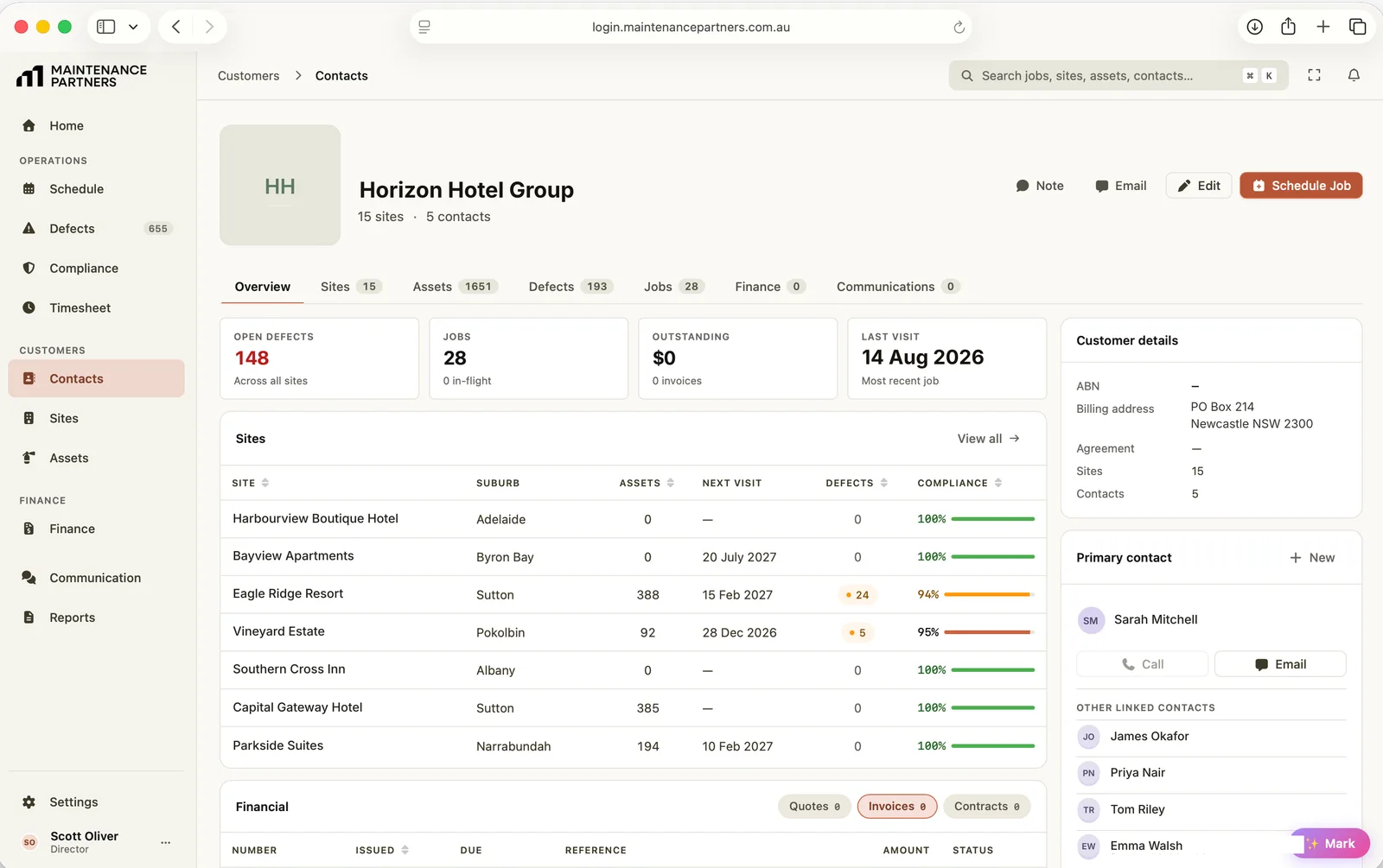 A client record in Maintenance Partners linking 15 sites and 1,651 assets with per-site compliance scores