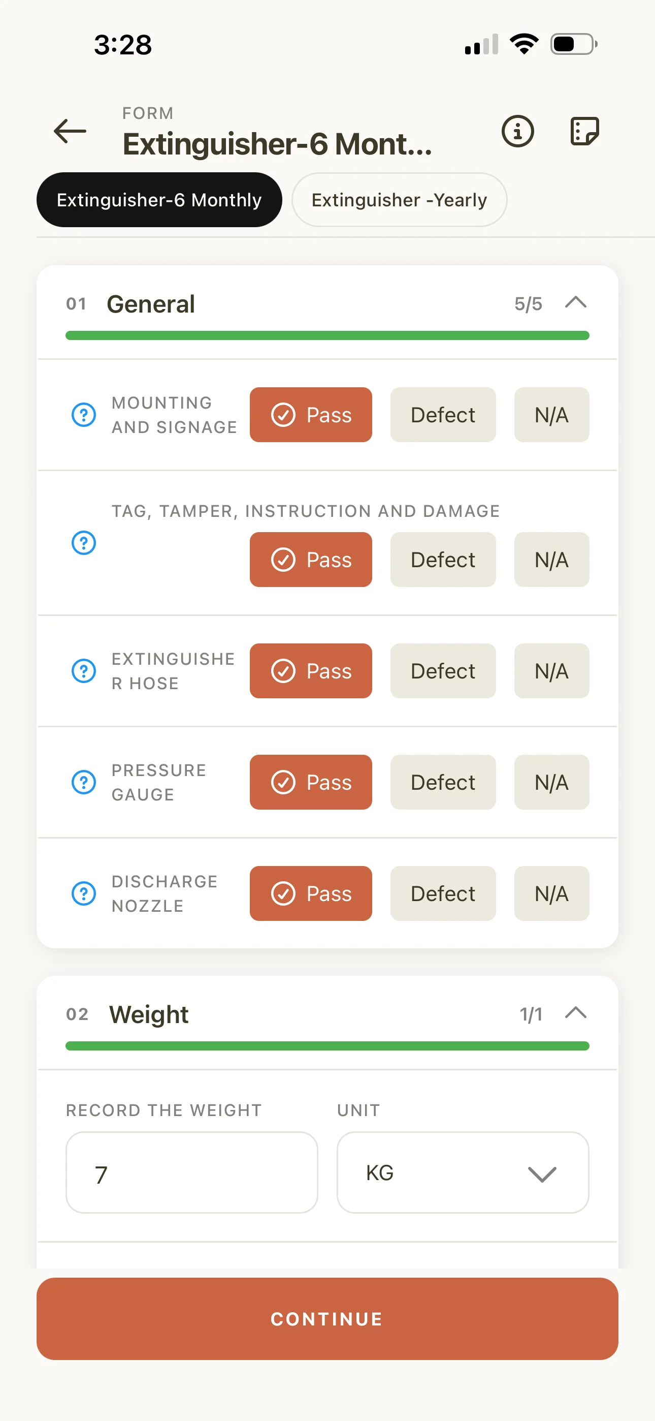 AS1851 six-monthly extinguisher inspection checklist being completed in the Maintenance Partners field app