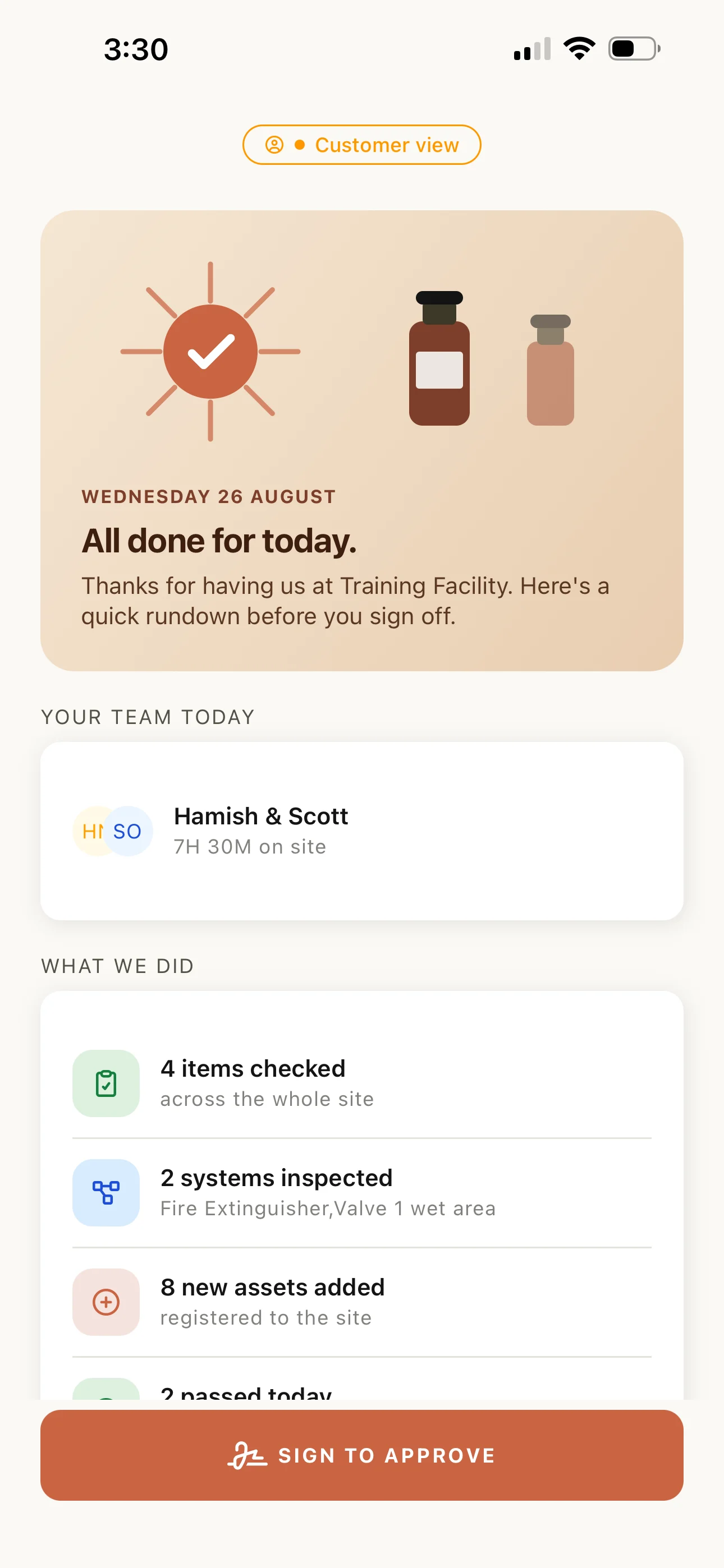 Customer handover screen in the Maintenance Partners app summarising the day's work before sign-off