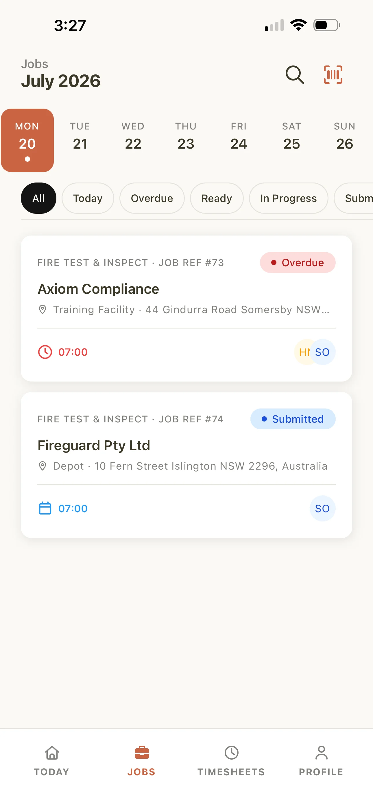Jobs list in the Maintenance Partners field app with a week strip, status filters, and assigned technicians