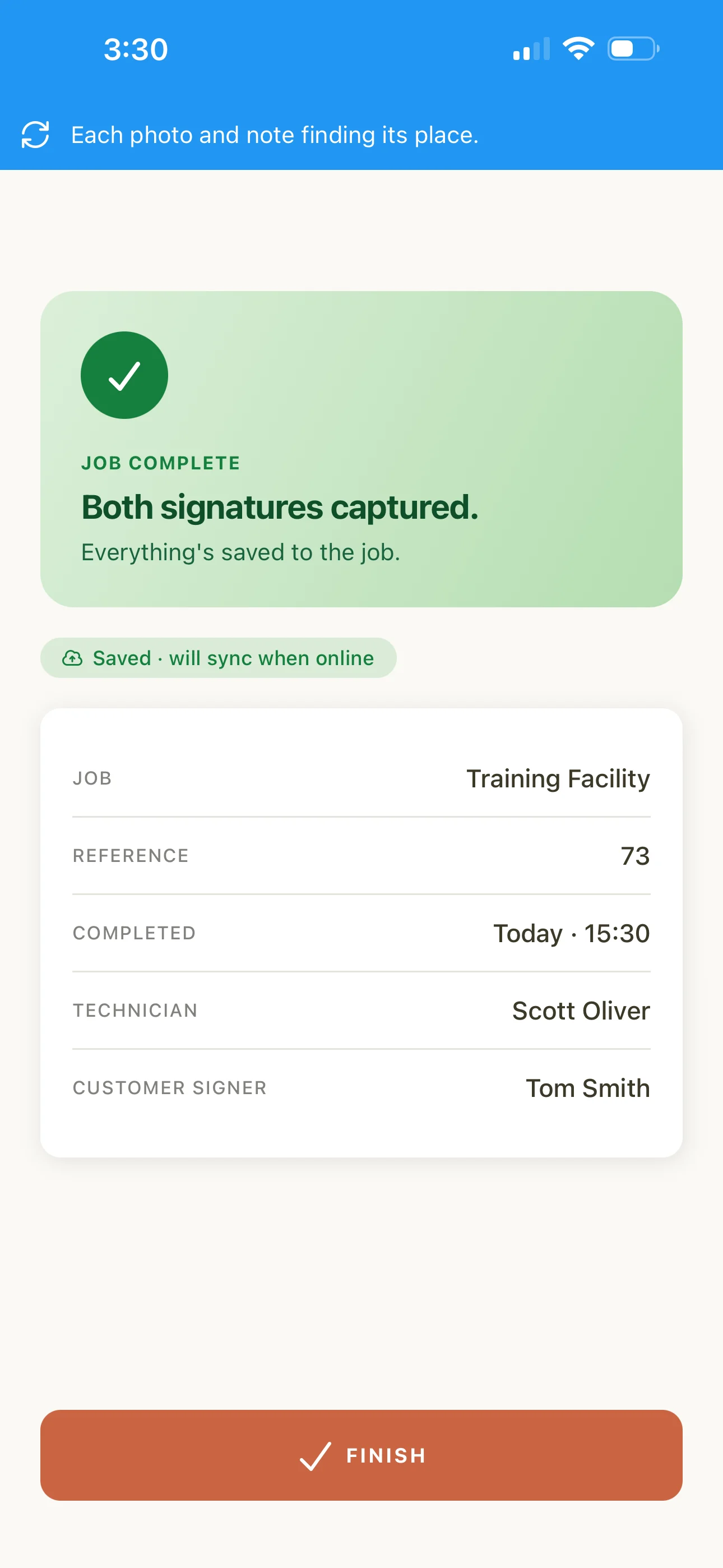 Completed job in the Maintenance Partners app with both signatures captured, saved offline and queued to sync