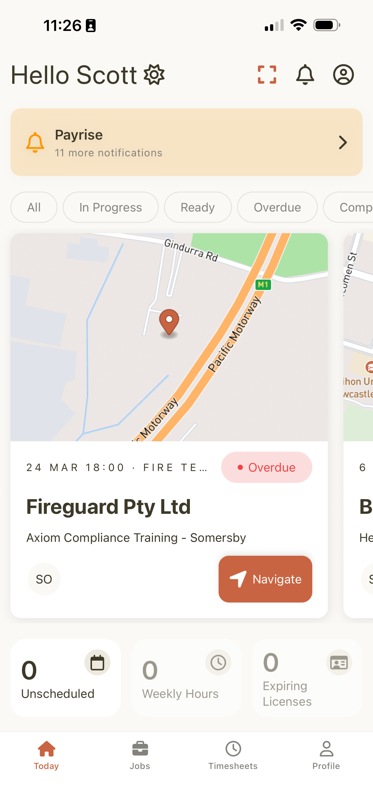 Maintenance Partners field mobile app showing the day's scheduled jobs